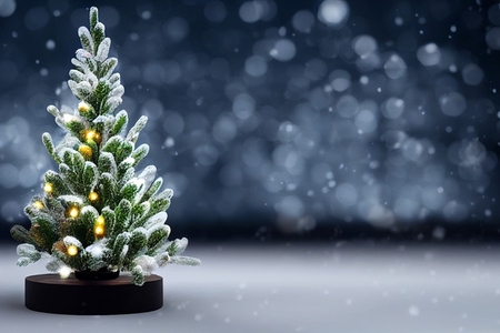Christmas tree with snow and copy space over snowfall bokeh blur