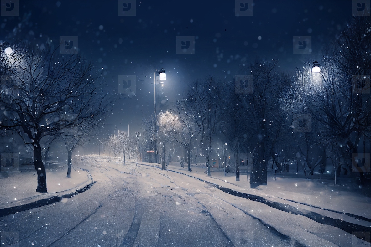 Landscape of snow winter with street light background at night ,