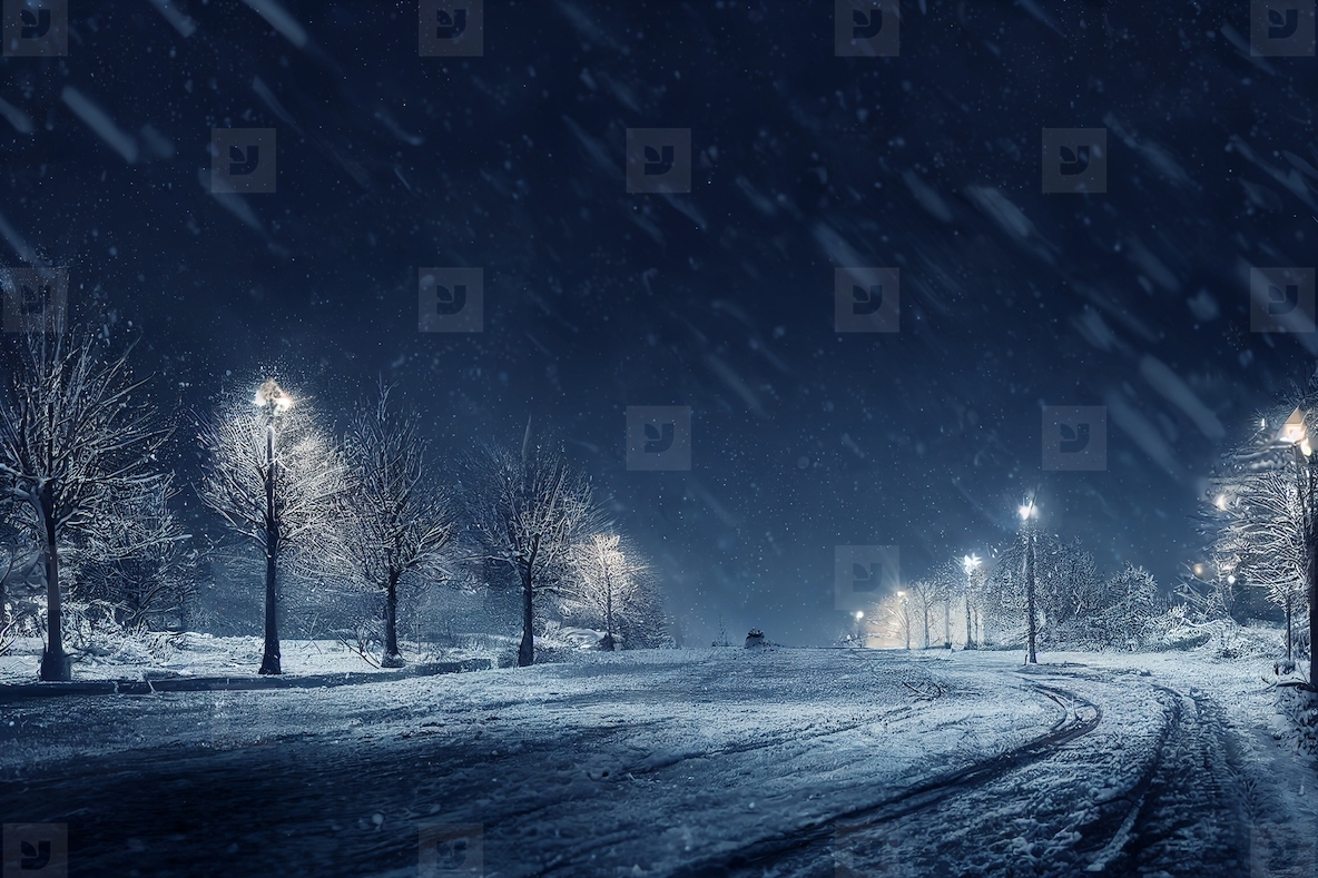 Landscape of snow storm winter background at night , digital art
