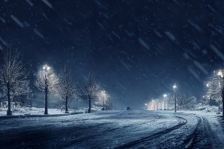 Landscape of snow storm winter background at night   digital art