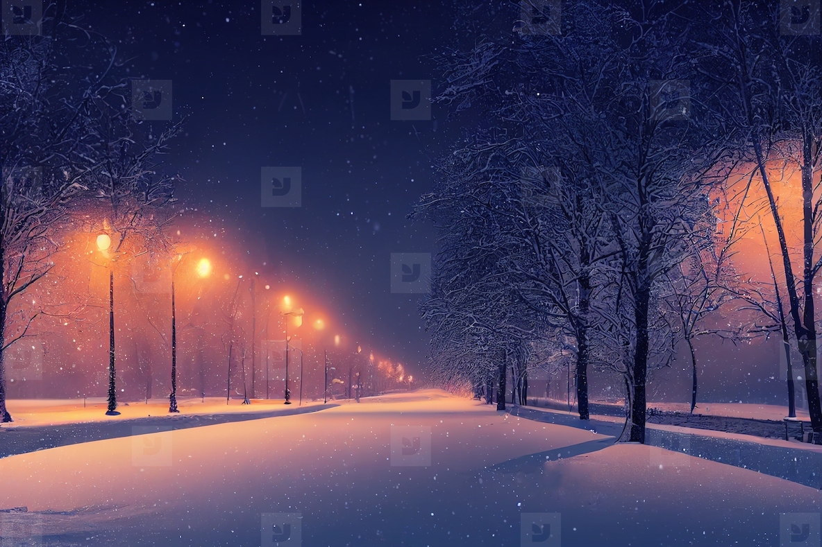 Landscape of snow winter with light background at night , digita