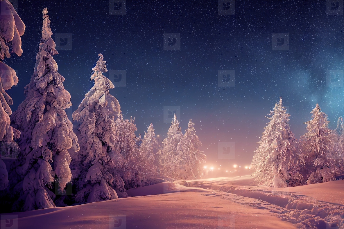 Beautiful landscape of snow winter in forest background at night