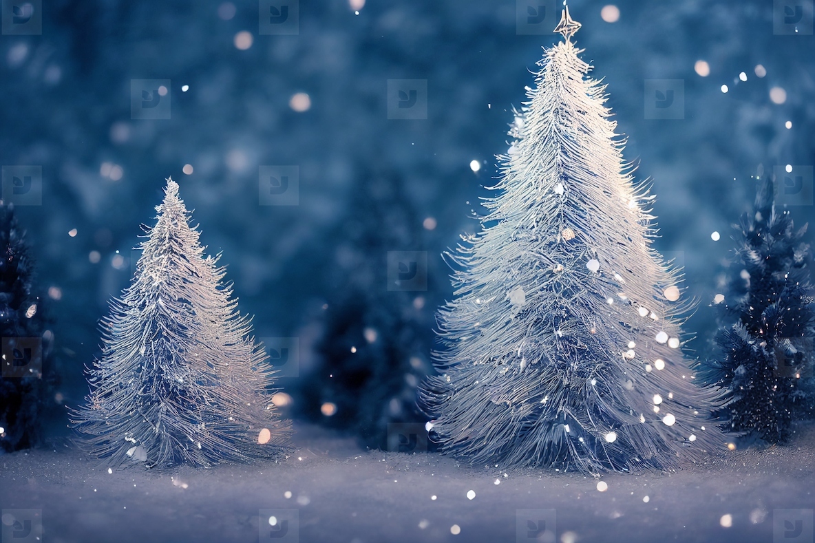 Abstract blurred bokeh background of Christmas tree with snow at