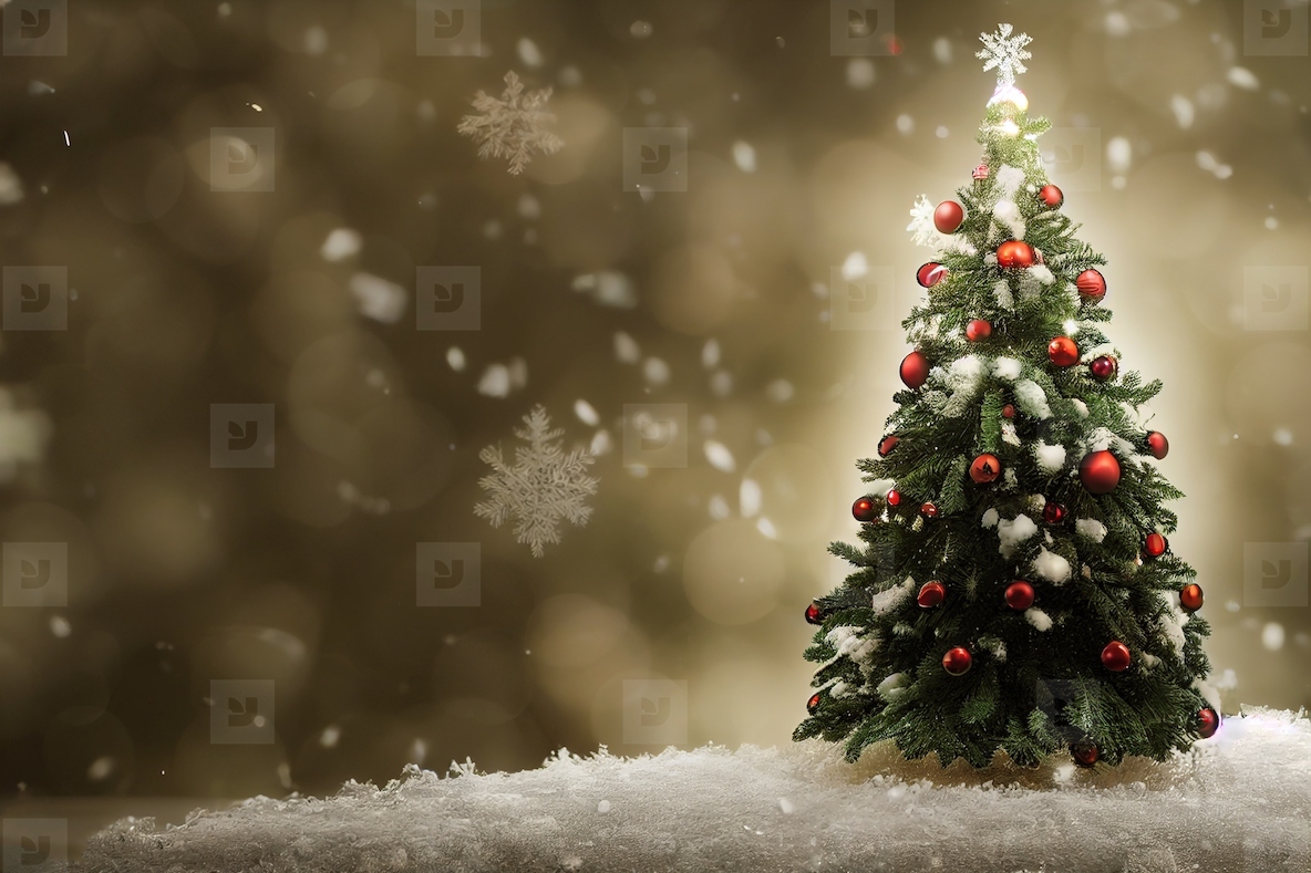 Abstract blurred bokeh background of Christmas tree with snow at