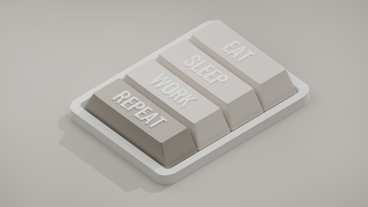 Four buttons on a mini custom keyboard with words EAT  SLEEP  WORK  and REPEAT  3d render  3d illustration