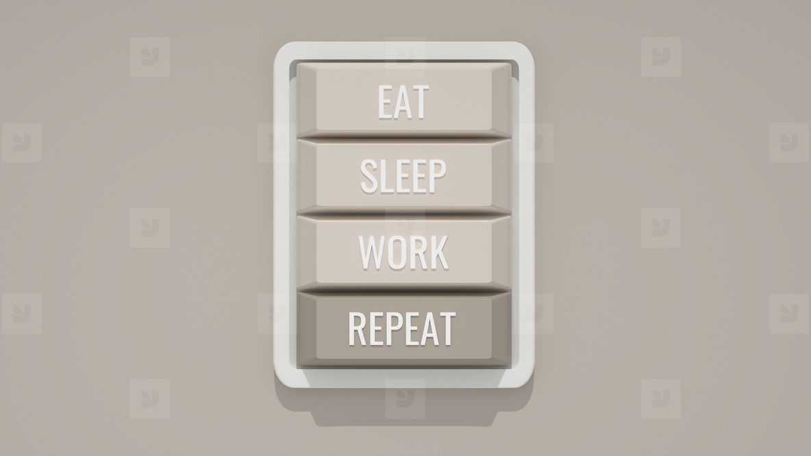 Vertical picture of a four buttons on a mini custom keyboard with words EAT  SLEEP  WORK  and REPEAT  3d render  3d illustration