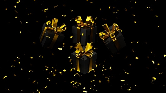 Four black gift boxes with ribbon under golden confetti  3d render  3d illustration