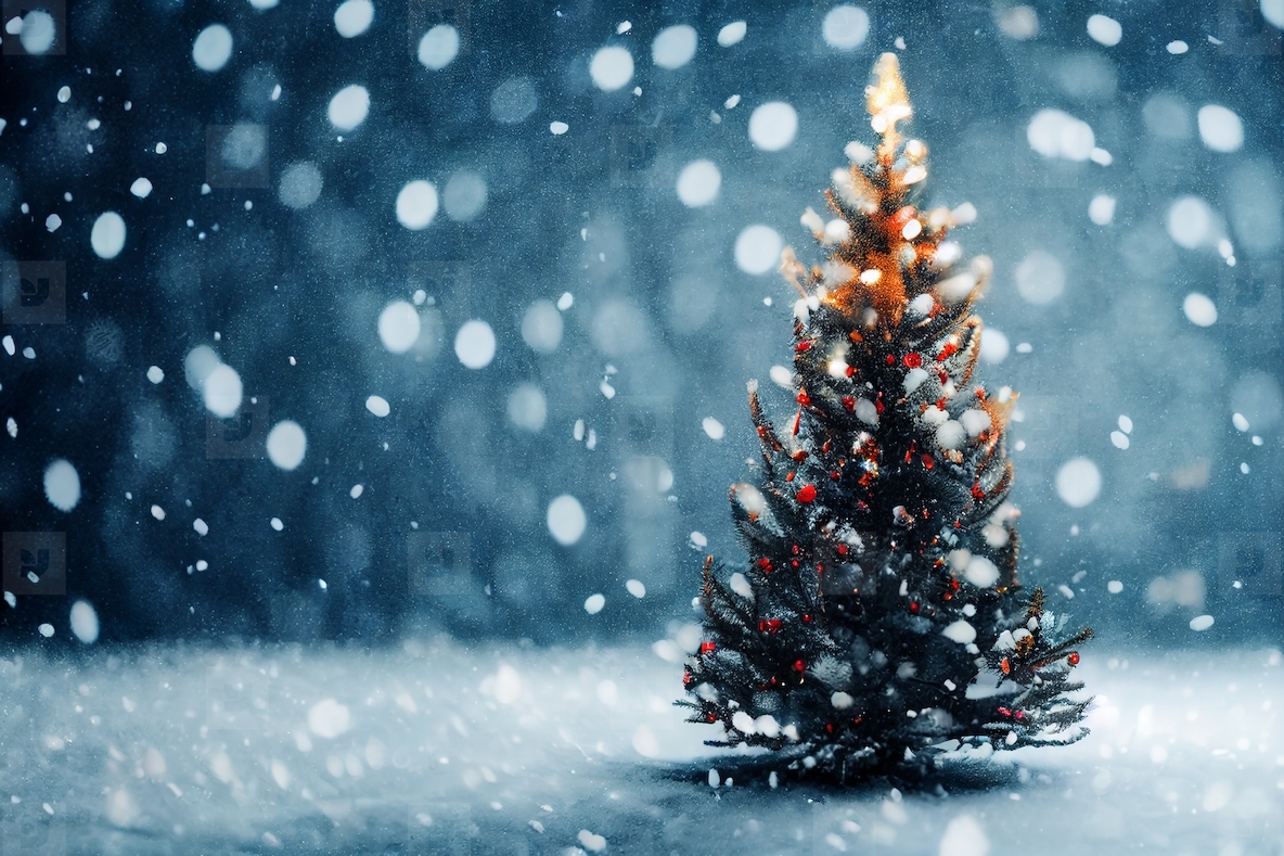 Abstract blurred bokeh background of Christmas tree with snow an