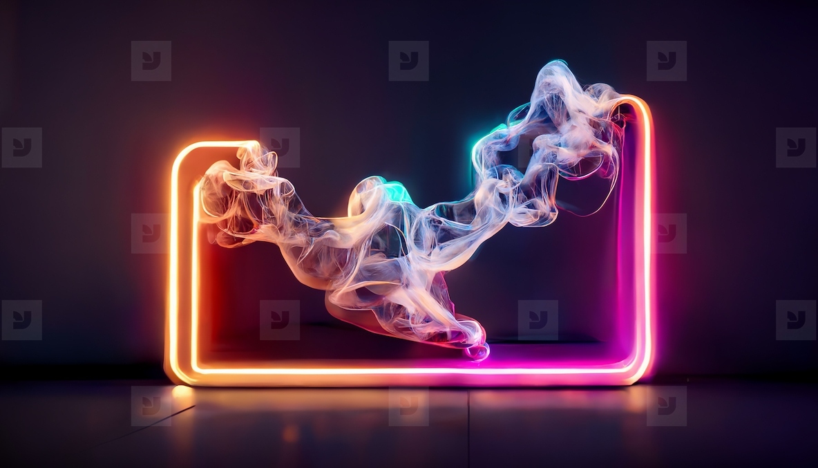 Abstract neon glowing frame with fantasy smoke on dark backgroun