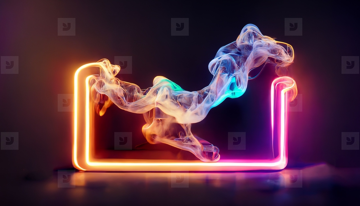 Abstract neon glowing frame with fantasy smoke on dark backgroun
