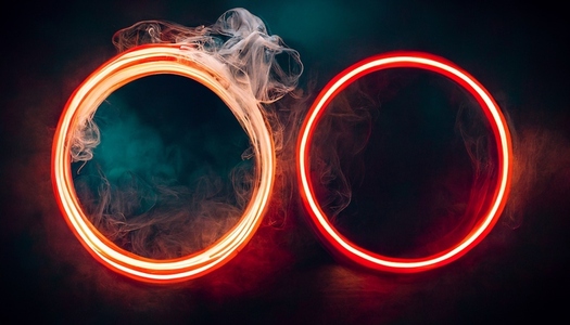 Abstract neon glowing circle frame with fantasy smoke on dark ba