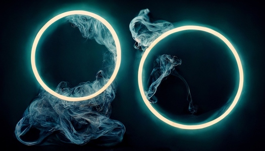 Abstract neon glowing circle frame with fantasy smoke on dark ba