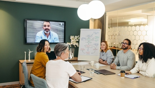 Diverse business professionals having a video conference in an office