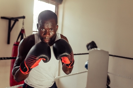 Focused African boxer looking at camera in fighting stance