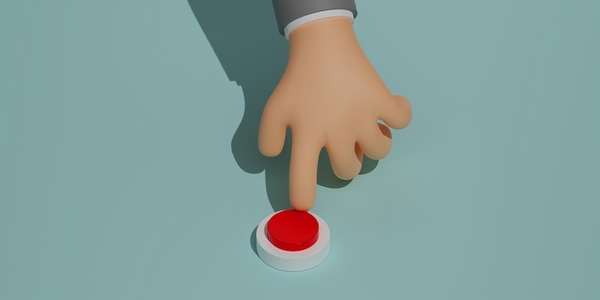 Close up of a palm with an outstretched index finger wants to press the red button against a blue background  3d render  3d illustration