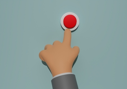 Palm with outstretched index finger wants to press the red button  High angle of a hand and red button  3d render  3d illustration