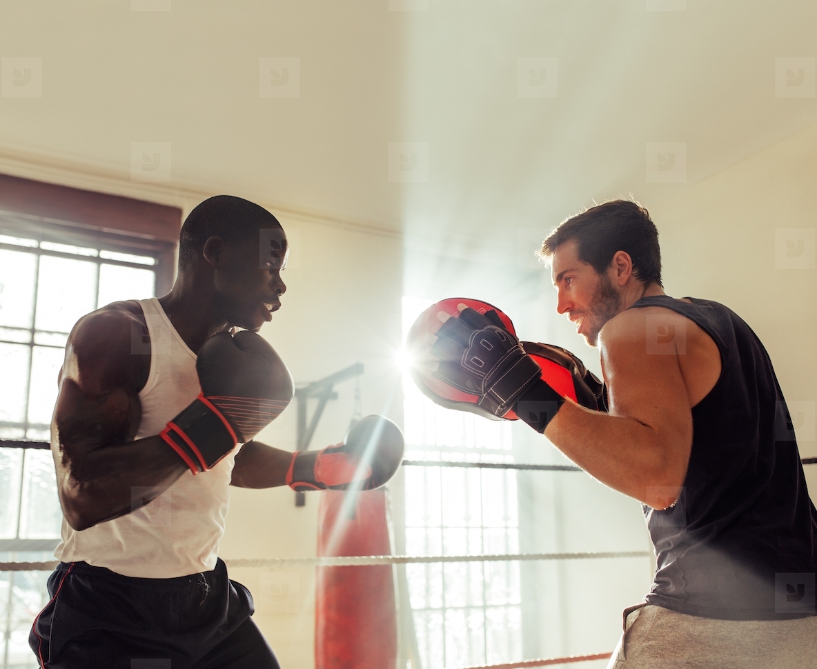 African boxer training with a sparring partner in a gym