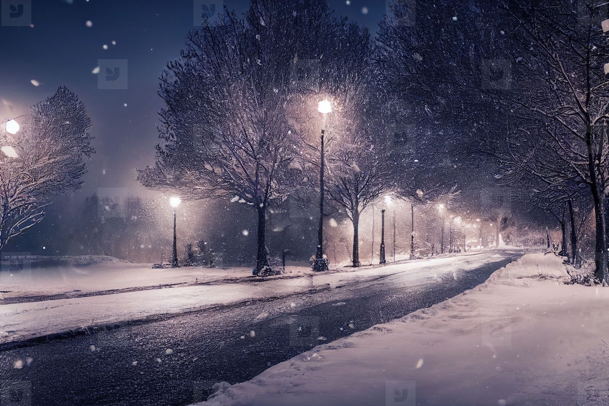 Landscape of snow storm winter background at night, digital art design