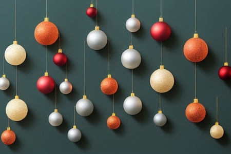 Christmas balls ornaments on green background  holiday celebration and happy new year concept