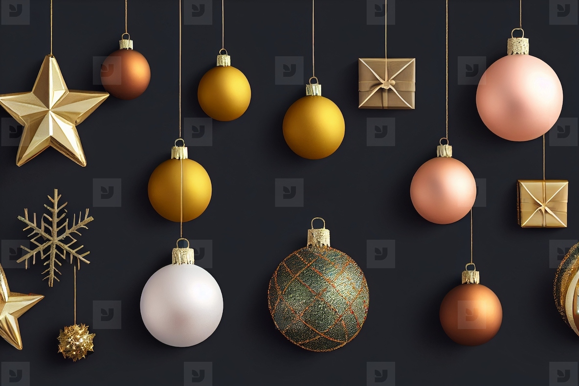 Christmas balls ornaments and star with gift box on black background with copy space, holiday and happy new year concept
