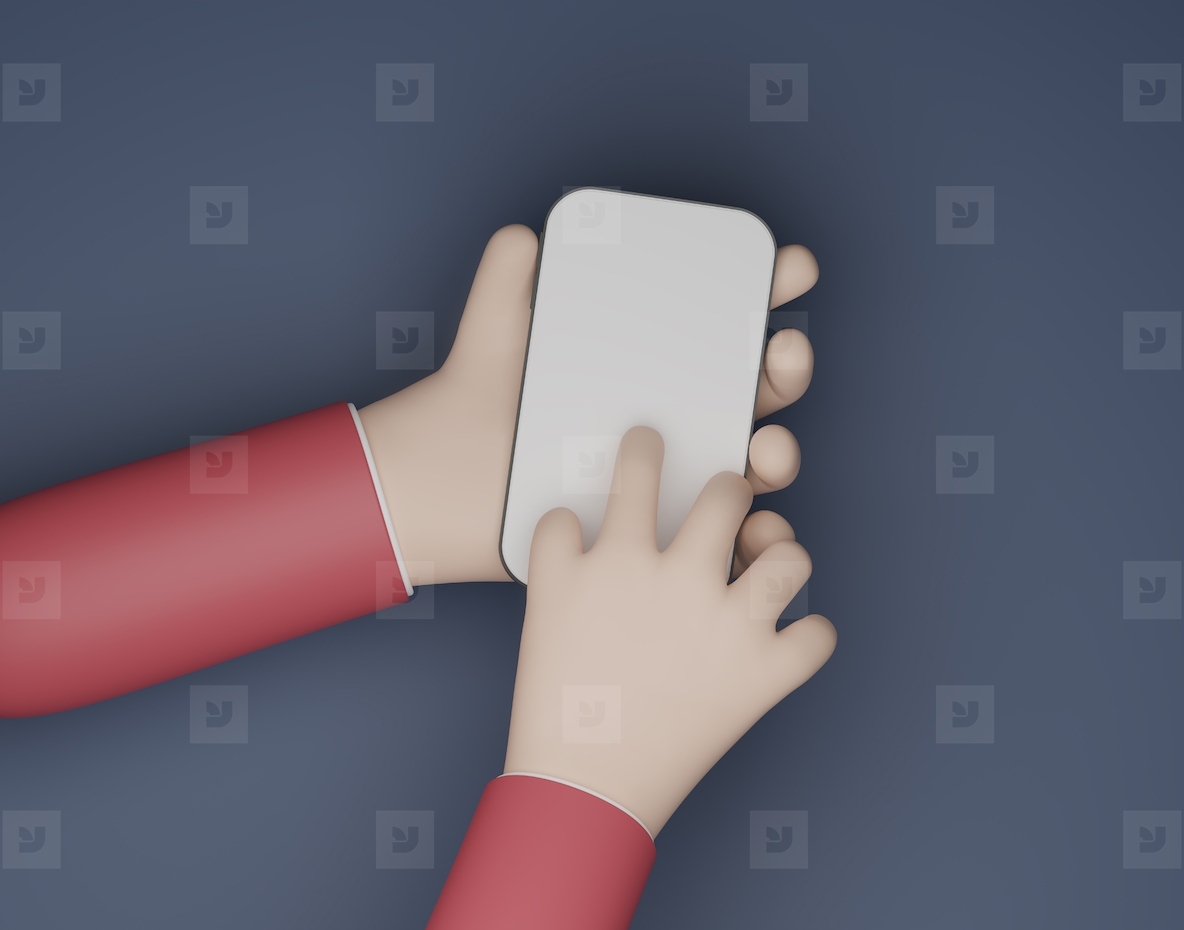 High angle of human hands typing on a smartphone. Index finger touching smartphone screen 3d render, 3d illustration