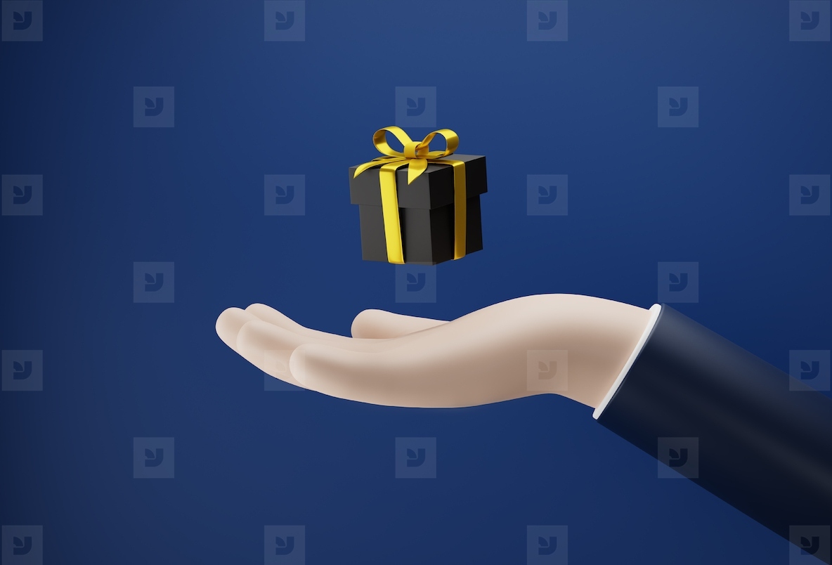 Side view on a black box with gold ribbon above the hand. Human palm with gift box against a blue background, 3d illustration, 3d render