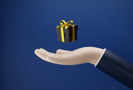 Side view on a black box with gold ribbon above the hand  Human palm with gift box against a blue background  3d illustration  3d render
