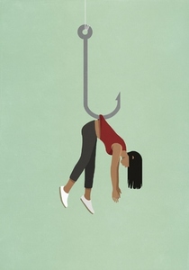 Woman dangling from fishing hook