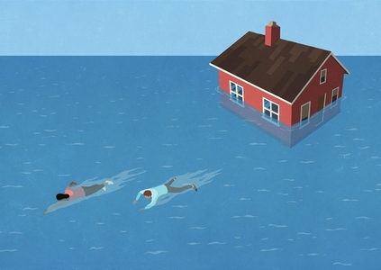 Couple swimming away from sinking house