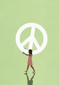 Girl carrying large peace sign