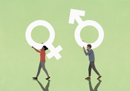 Couple carrying gender symbols on green background