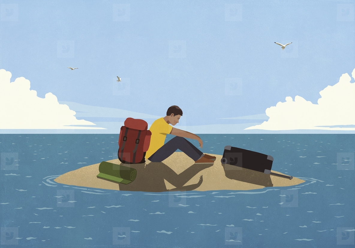 Tired man with luggage stranded on ocean island