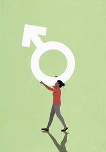 Woman carrying male gender symbol