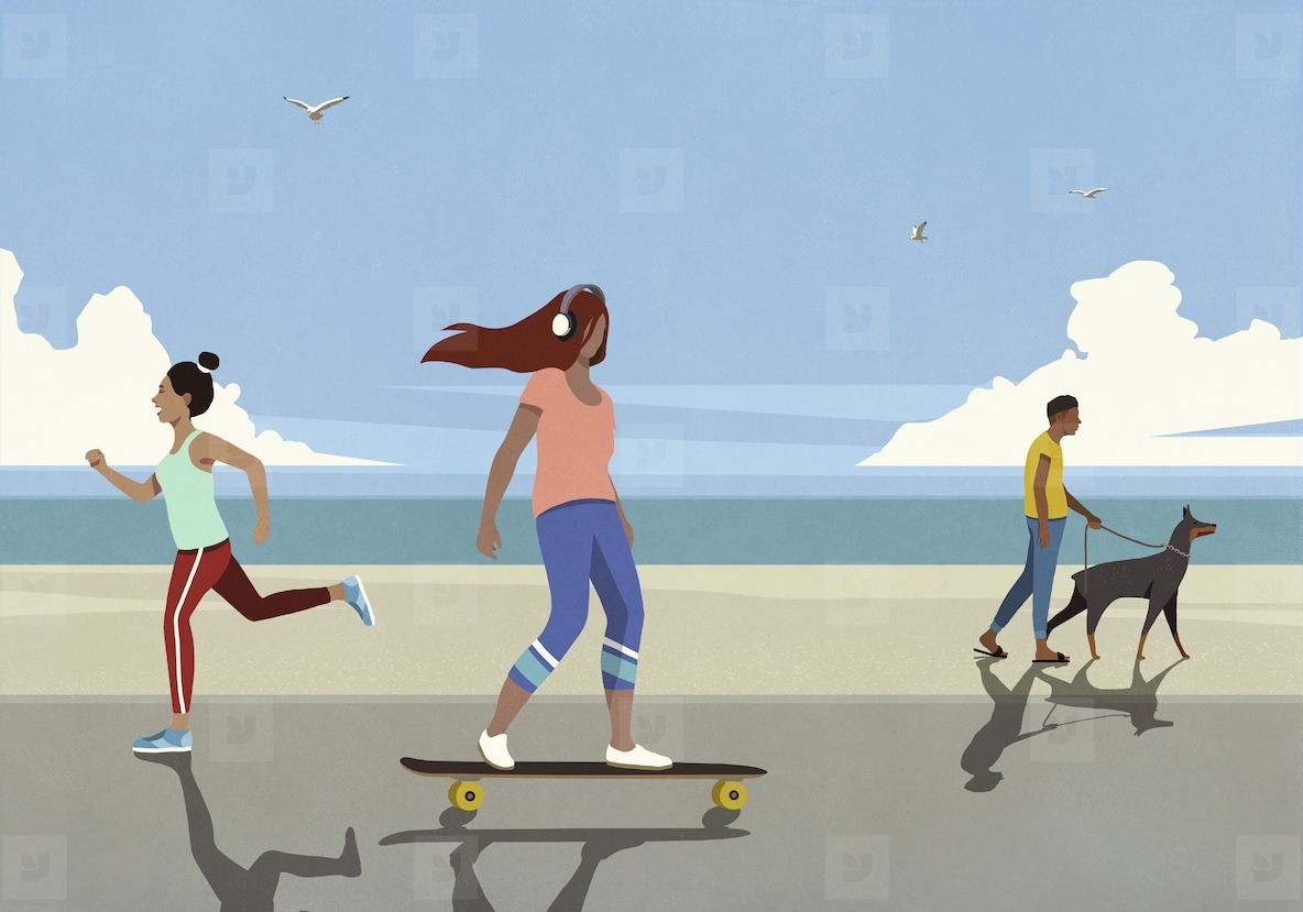 People skateboarding jogging and walking dog on beach boardwalk