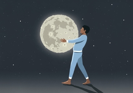 Man in pajamas carrying full moon