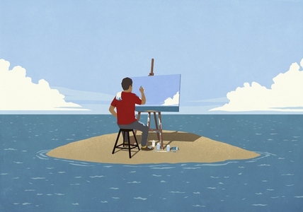 Man painting at easel on remote ocean island