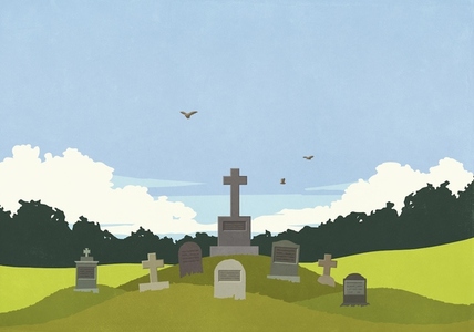 Birds flying over cemetery gravestones