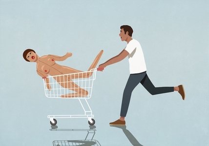 Man running pushing inflatable sex doll in shopping cart