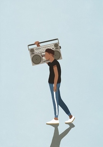 Young man carrying large retro boom box