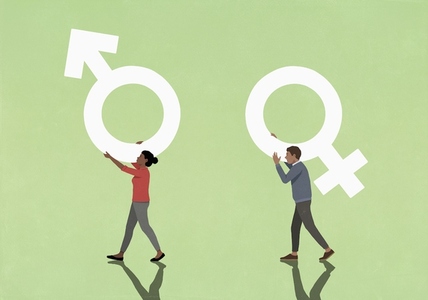 Couple carrying opposite gender symbols on green background