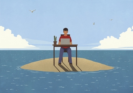 Man working at laptop on remote ocean island