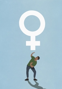 Man crouching below female gender symbol