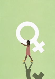 Girl carrying female gender symbol on green background