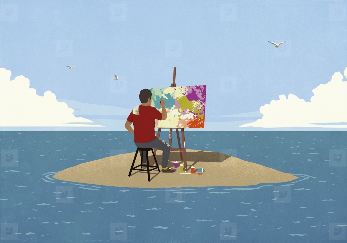Man painting at easel on remote ocean island