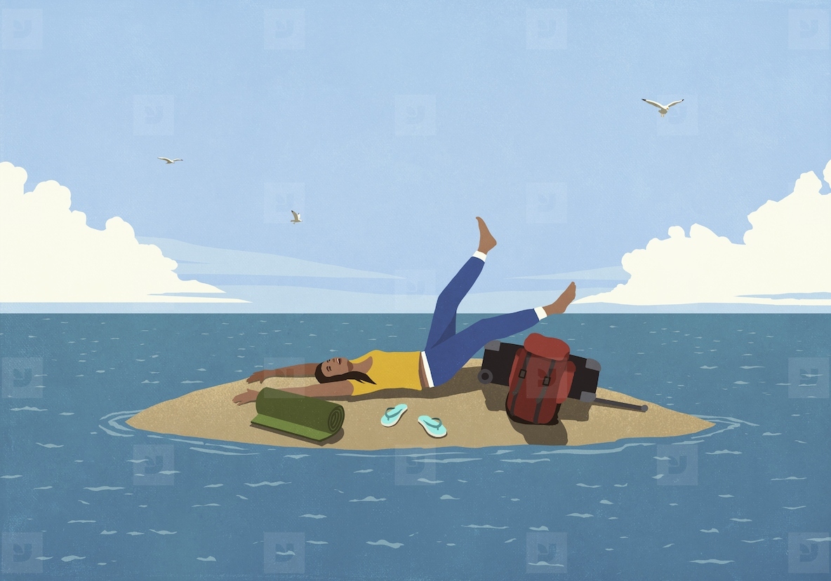 Carefree woman laying on remote ocean island