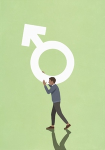 Man carrying male gender symbol against green background