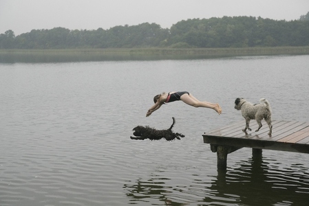 Girl and pet dogs diving into lake from dock