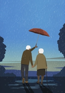 Senior husband holding umbrella over wife in rain