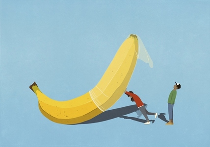Couple placing condom on large banana