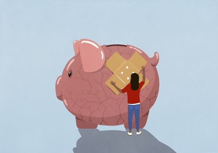 Woman placing bandage over cracked piggy bank